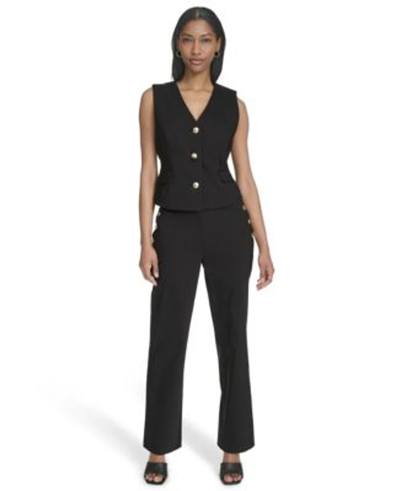 Halston Womens Button Front Vest Button Detail Ankle Pants
