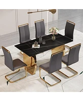 Simplie Fun Table and chair set, Modern rectangular table with 0.4 inch black patterned tabletop and gold legs, suitable for kitchen, dining room, and