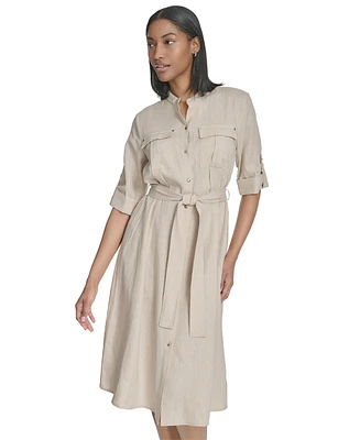 Halston Women's Belted Roll-Tab Sleeve Shirtdress