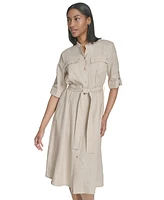 Halston Women's Belted Roll-Tab Sleeve Shirtdress