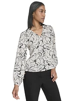 Halston Women's Printed Front-Yoke V-Neck Blouse