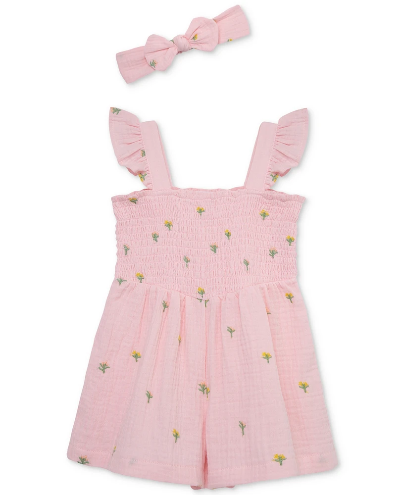 Little Me Baby Girls Woven Cotton Floral Schiffli Romper & Headband, 2 Piece Set