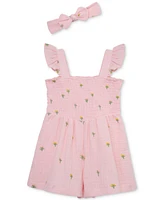 Little Me Baby Girls Woven Cotton Floral Schiffli Romper & Headband, 2 Piece Set