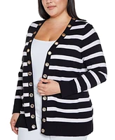 Belldini Plus Black Label Rhinestone Grommet Striped Open-Front Cardigan Sweater