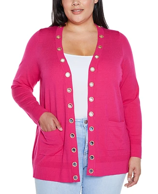 Belldini Plus Black Label Rhinestone Grommet Open-Front Cardigan Sweater