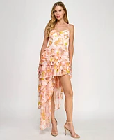 Seni & Cade Juniors' Floral Asymmetric Ruffle Dress