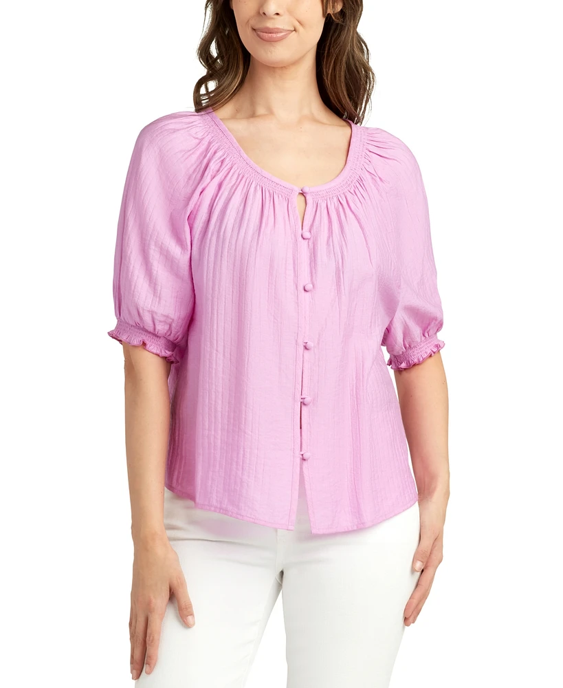 Bcx Juniors' Puff-Sleeve Button-Front Knit Top