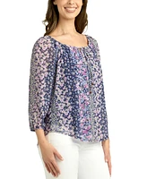 Bcx Juniors' Printed Mesh 3/4-Sleeve Peasant Top