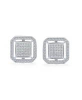 Bling Jewelry Geometric Cz Stud Earrings: Flat Square Box Frame, 14K Gold, Sterling Silver, 12MM