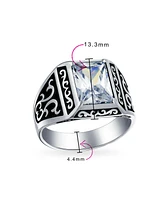 Bling Jewelry Mens Stainless Steel Viking Scroll Ring with Emerald Cut Cubic Zirconia Two Tone Silver