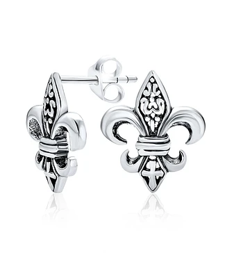 Bling Jewelry Unisex Fleur De Lis Stud Earrings in Oxidized Sterling Silver for Men