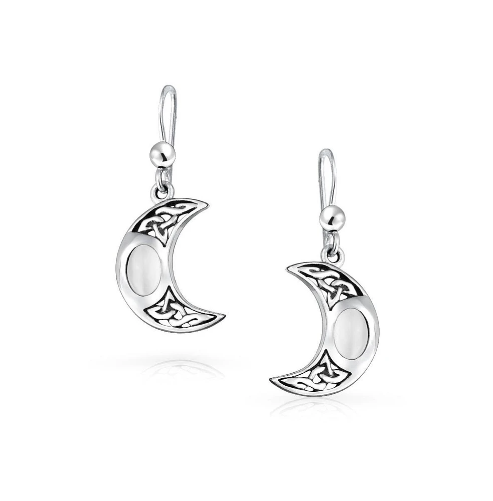 Bling Jewelry White Rainbow Moonstone Celtic Knot Dangle Earrings Sterling Silver