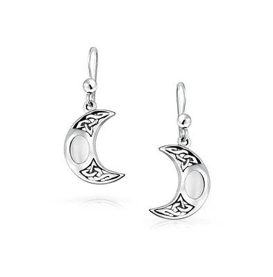 Bling Jewelry White Rainbow Moonstone Celtic Knot Dangle Earrings Sterling Silver