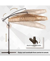 Aoodor 10 ft. Cantilever Tiki Thatch Patio Umbrella, Hand-Push Tilt Offset Umbrella for Outdoor, Natural Straw Look (No Base)