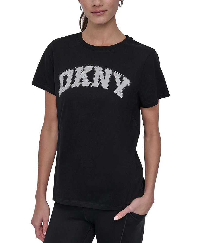 Dkny Women's Active Rhinestone-Logo Distressed Crewneck Cotton T-Shirt