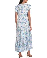 Elan Women's Printed Ruffle-Sleeve Tassel-Tie Maxi Dress