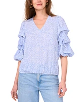 Vince Camuto Women's Printed V-Neck Bubble-Sleeve Top