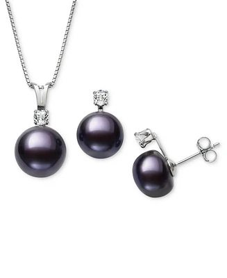 Belle de Mer 2-Pc. Set Dyed Black Peacock Cultured Freshwater Pearl (9-10mm) & Lab-Created White Sapphire (1/3 ct. t.w.) Pendant Necklace Stud Earri