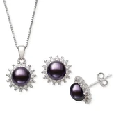 Belle de Mer Dyed Black Peacock Cultured Freshwater Pearl (6-7mm) & Lab-Created Sapphire (1-3/4 ct. t.w.) Pendant Necklace Stud Earrings Set Ster