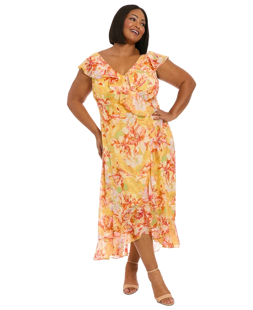 London Times Plus Floral Chiffon Ruffle-Neck Maxi Dress