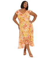 London Times Plus Floral Chiffon Ruffle-Neck Maxi Dress