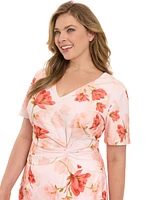 London Times Plus Floral Side-Knot Ruffle-Hem Dress