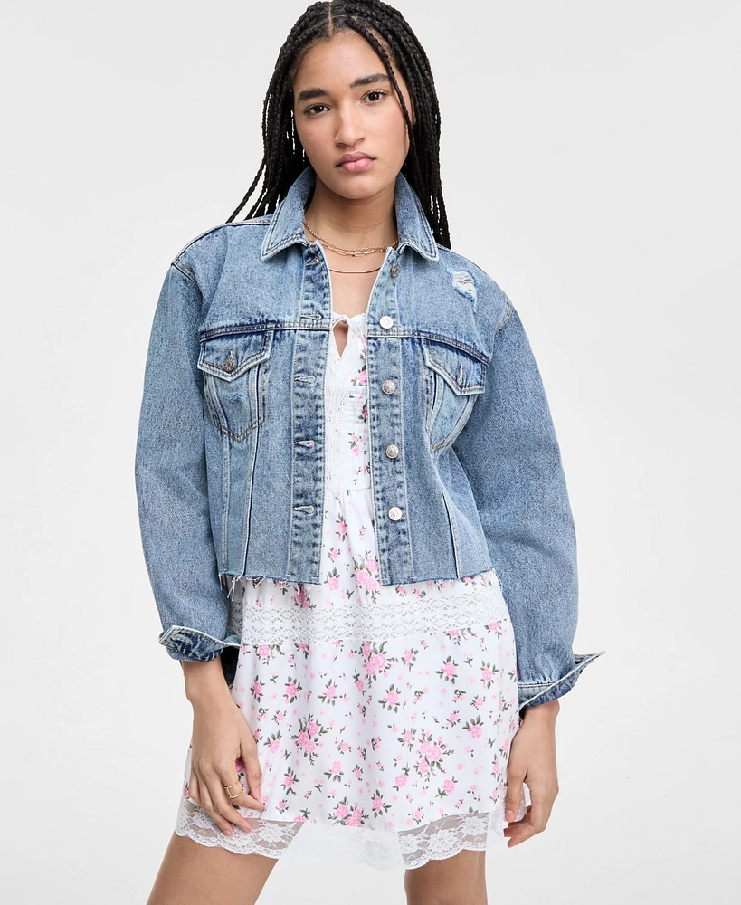 Celebrity Pink Juniors' Distressed Button-Front Denim Jacket