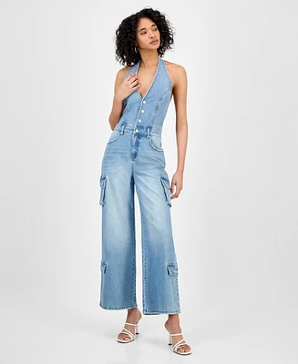 Bariii Women's Denim Halter Cargo-Pocket Jumpsuit