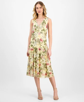 Connected Women's Floral Print Tiered Sleeveless Midi Dress