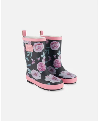 Deux par Girl Printed Rain Boots Pink, Black, And Flowers - Toddler|Child