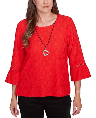 Alfred Dunner Petite Solid Heart Textured Bell-Sleeve Top