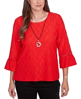 Alfred Dunner Petite Solid Heart Textured Bell-Sleeve Top