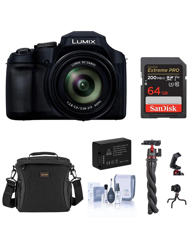 Panasonic Lumix FZ80D 18.1MP Point & Shoot Digital Camera, Bundle with 64GB Memory Card, Tripod with Ball Head and Battery