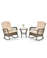 3 Pieces Outdoor Hand-Woven Pe Rattan Conversation Set with Tempered Glass Side Table