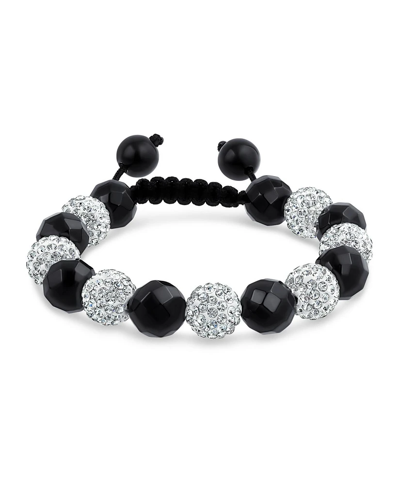 Bling Jewelry Black White Pave Crystal Bracelet Ball Black Cord String Adjustable