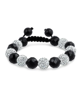 Bling Jewelry Black White Pave Crystal Bracelet Ball Black Cord String Adjustable