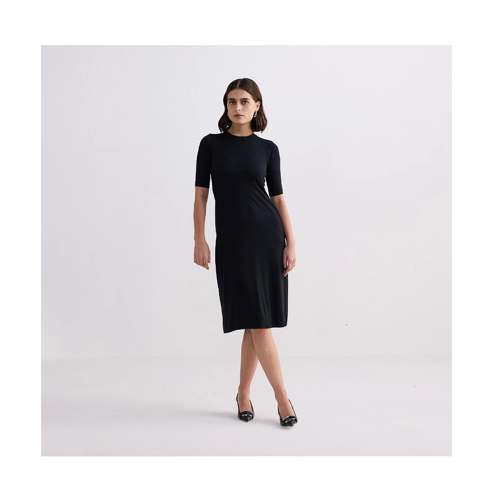 Reistor Women's High Neck Elbow Sleeves Fitted Dress