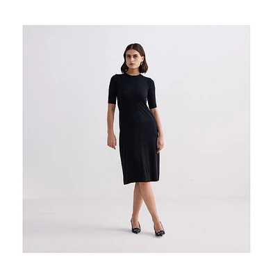 High Neck Elbow Sleeves Fitted Dress