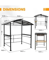 8×5FT Gray Arc Hardtop Grill Gazebo Canopy with 2-Tier Roof & Side Shelves, Waterproof Bbq Tent