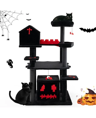 Gymax Gothic Cat Tree 49'' Tall Cat Tower w/ Coffin Bed & 2 Condos & Cozy Perch