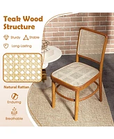 Set of 2 Dining Chairs Rattan with Teak Wood Structure and Footrests