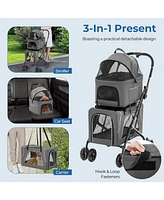 Double Pet Stroller Foldable 3-in-1 Dog Stroller with 2 Detachable Carriers