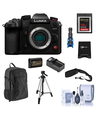 Panasonic Lumix GH7 Mirrorless Camera, Bundle with 128GB Memory Card, Al 3-Section Tripod, Shotgun Microphone and Backpack