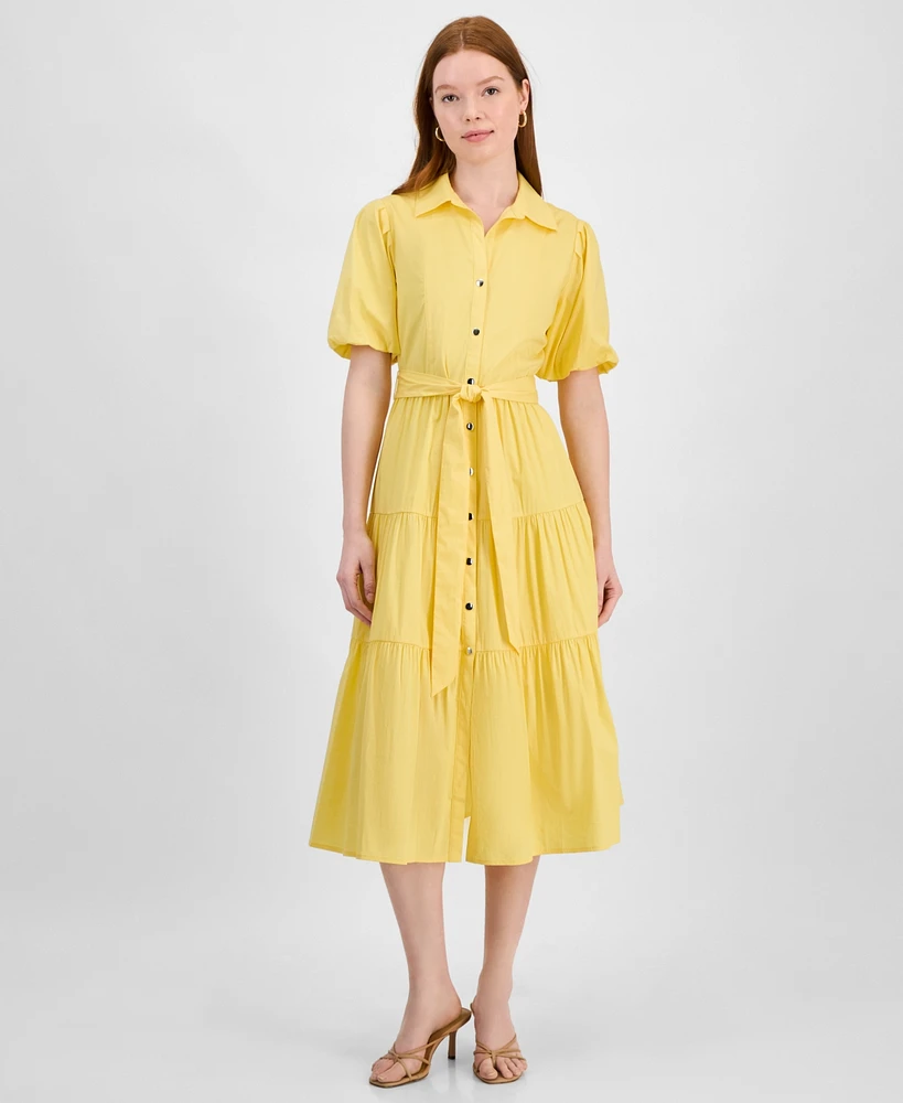 T Tahari Women's Puff-Sleeve Belted Tiered Shirtdress