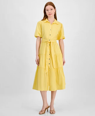 T Tahari Women's Puff-Sleeve Belted Tiered Shirtdress