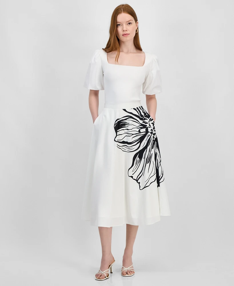 T Tahari Women's Placement-Print Flared Midi Skirt