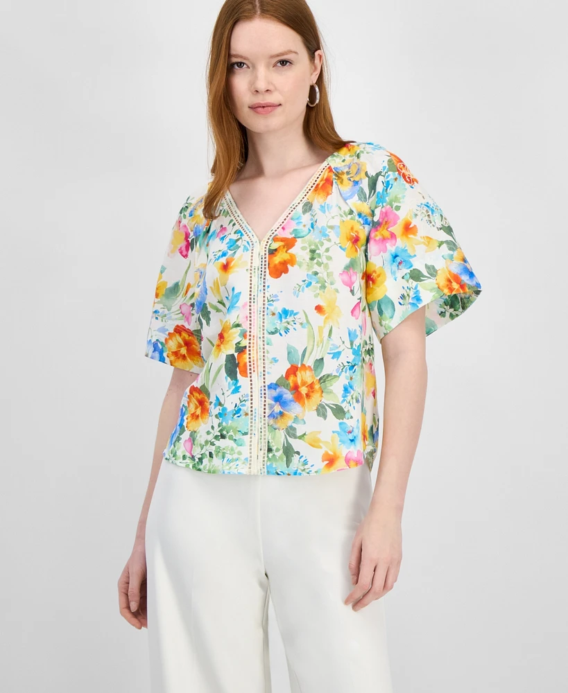 T Tahari Women's Floral-Print Embroidered V-Neck Blouse