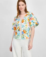 T Tahari Women's Floral-Print Embroidered V-Neck Blouse