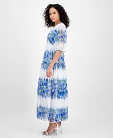 Taylor Women's Printed V-Neck Smocked-Waist Dress