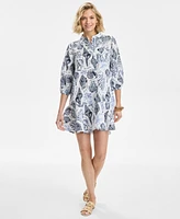 Charter Club Women's Printed 3/4-Sleeve 100% Linen Tiered Shirtdress, Exclusively at Macy's